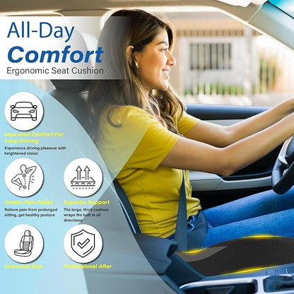Car Seat Cushion: Ergonomic Memory Foam Car Cushion for Sciatica Pain Relief, Larger Driving Seat Pillow for Short Drivers on Long Drives - Butt Pillow for Truck, Office, Wheelchair - Dark Black