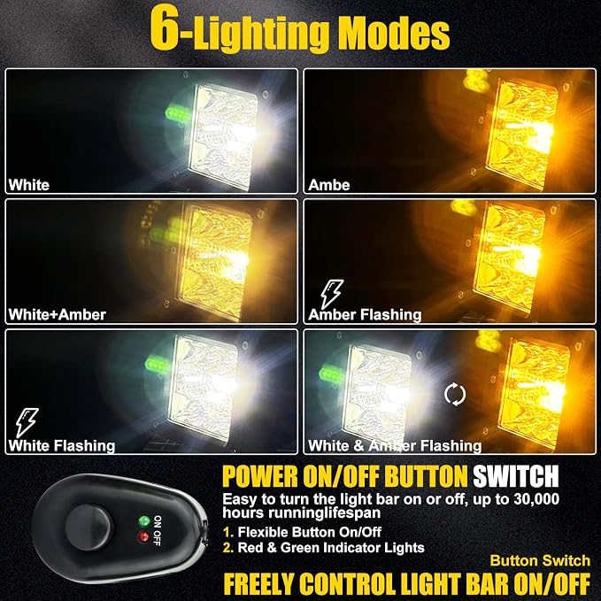 4 Inch 60W LED Pod Lights, 6 Modes Amber White Dual Color Strobe Cube LED Auxiliary Driving Offroad Light Bar Spot Flood Combo Flashing Shooter Fog Lights Pod for Tucks ATV UTV Jeep Boat