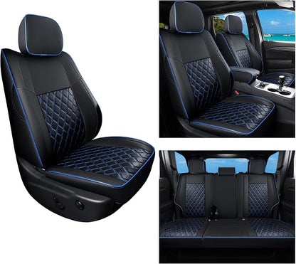 Huidasource Upgrade Grand Cherokee Seat Covers, Full Coverage Waterproof Leather Car Seat Covers, Custom Seat Cushion Protector Fit for Grand Cherokee 2011-2021 (Full Set/Black&Blue)