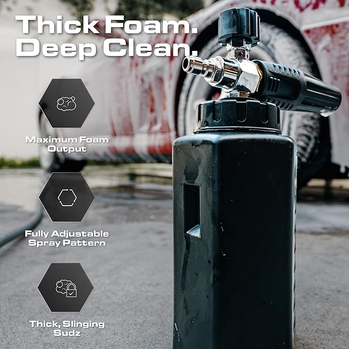 Blackline Foam Cannon for Pressure Washers (Wide Mouth), Durable Car Wash Foam Gun, Easy to Use & Adjust, Creates Thick Foam, 1L Bottle & Snow Foam Lance w/ 1/4" Quick Connect