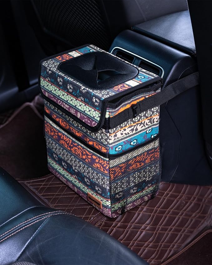SIBOFUEGO Car Garbage Can Cute - Leak-Proof Car Trash Can with Lid and Storage Pockets, Car Trash Bin for Men and Women, Boho Aztec Essentials: Must-Have Car Interior Accessories (Boho Carnival)