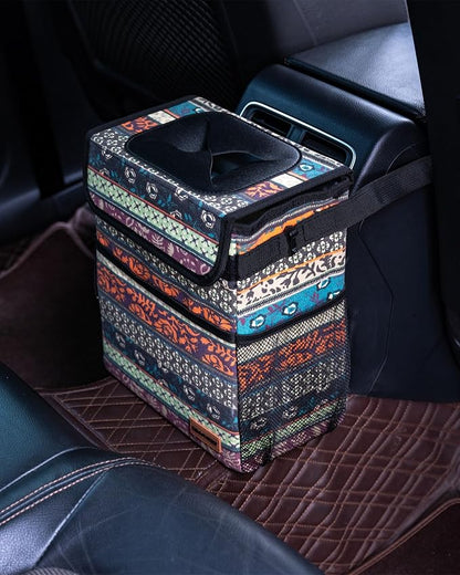 SIBOFUEGO Car Garbage Can Cute - Leak-Proof Car Trash Can with Lid and Storage Pockets, Car Trash Bin for Men and Women, Boho Aztec Essentials: Must-Have Car Interior Accessories (Boho Carnival)