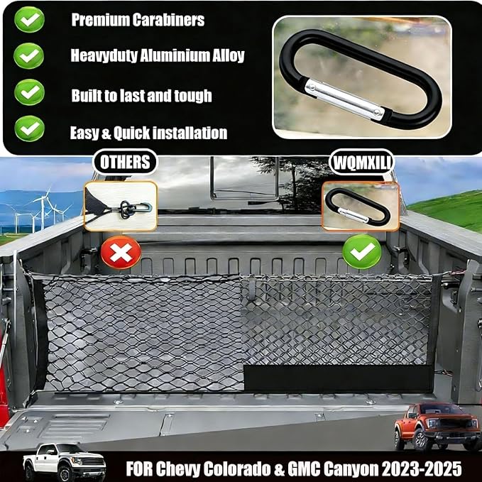 Envelope Style Truck Cargo Net Compatible with Chevy Colorado & GMC Canyon 2023 2024 2025 2026 Accessories, Heavy Duty Carabiners Highly Elastic Truck Bed Mesh Cargo Net