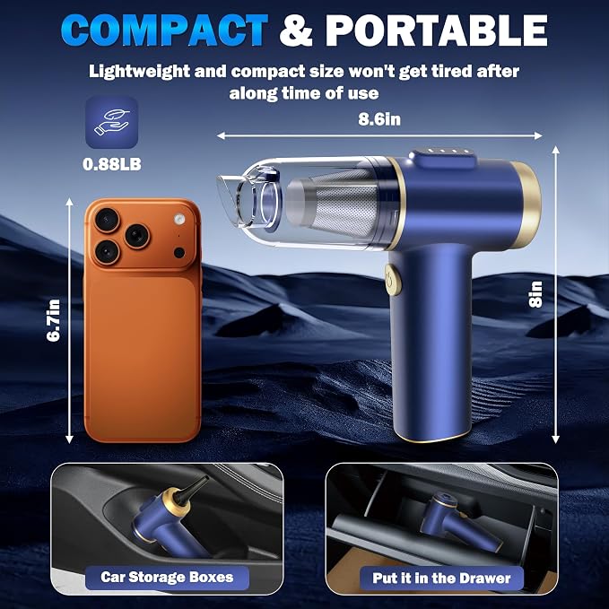 Handheld Car Vacuum Cleaner, 2-in-1 Portable Mini Car Vacuum Cleaner,21000Pa High Power & Air Duster, Handheld Vacuum Cordless with LED Light and Multi-Nozzles for Car,Home,Office,Pet