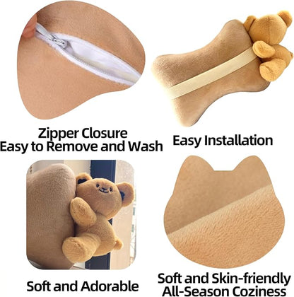Car Headrest Pillow 2PCS Plush Bear ＆ Bunny Car Seat Headrest Pillow - Memory Foam Neck Support Cushions for Comfortable Driving, Easy Install & Washable (Brown Bear)