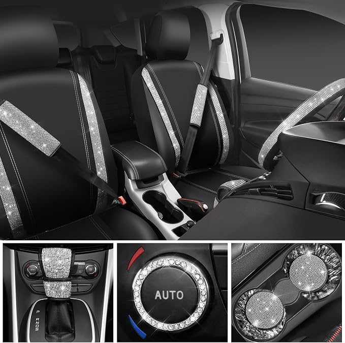CAR PASS Bling Diamond Leather Car Seat Covers Sets 11 pcs,Bling Diamond Car Accessories for Women, Sparkly Rhinestone Steering Wheel Cover, Glitter Cute Interior Sets for Women Girl,Silver