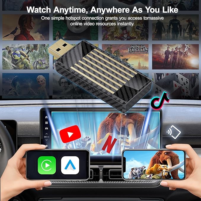 Wireless CarPlay Android Auto Adapter AI Magic Box, Built-in Play Store Netflix YouTube TikTok, HD Screen Mirroring, Plug and Play Video Adapter for OEM Factory Wired CarPlay Vehicles