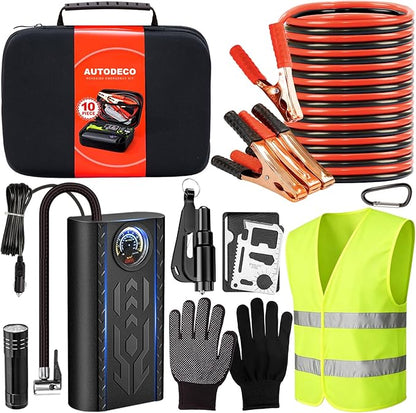Car Roadside Emergency Kit, Portable Auto Air Compressor Tire Inflator, Jumper Cable, Car Emergency Kits for Teenagers, Black
