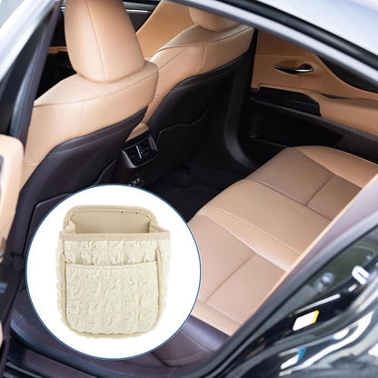 Car Trash Can Portable and Hanging 6.3" Length 3.9" Width 7.1" Height Trash Bin Fabric Beige White 1 Pcs