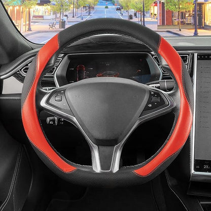 SEG Direct D Shaped Steering Wheel Cover, Flat Bottom Car Wheel Cover 14 1/2-15 in. (37-39 cm), Black and Red Microfiber Leather
