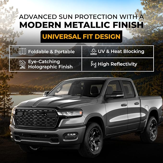 EcoNour Holographic Windshield Sunshade for SUV Truck | Foldable Accordion Sunshade | Car Sun Shade Windshield UV & Heat Reflective Sun Blocker for Car Windshield | Truck 66 x 28 Inches