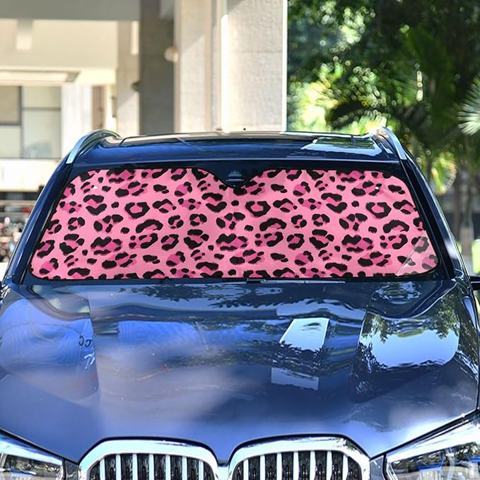 Hot Pink Black Leopard Print Windshield Sun Shade for Car Auto SUV Truck Foldable Front Window Sunshade Sun Visor Protector Block UV Rays Reflect Heat, 55" x 28"