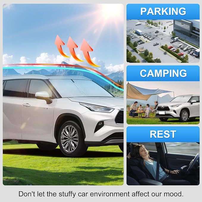 Custom Fit Windshield Sun Shade for Toyota Highlander 2020-2026 | Custom Fit Windshield Cover, Blocks UV Rays, Double-Layer Heat Shield, Durable Frame, Easy Fold & Storage