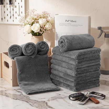Shimeyao 30 Pcs 12.5 × 12.5 Inch Edgeless Microfiber Plush Towels for Cars Detailing Drying Wash Polishing Absorbent Cleaning Cloths, 500 GSM (Gray)