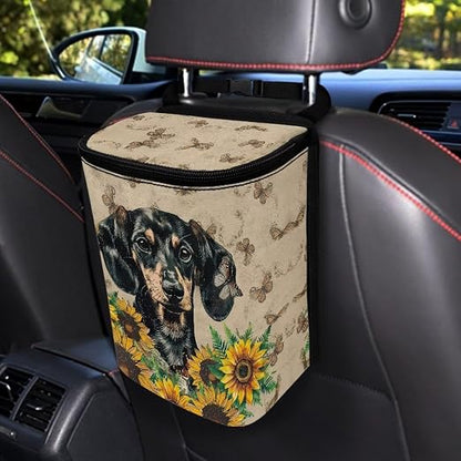 Talayituse Dachshund Sunflower Butterfly Print Car Trash Can with Lid, Leak Proof Auto Trash Bag Hanging Vehicle Garbage Can Multipurpose Storage Container for Back Seat Road Trip