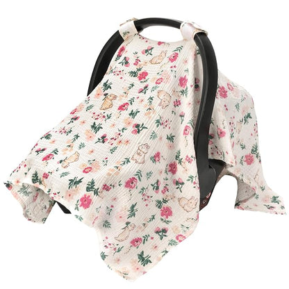 SERAPHY 100% Muslin Cotton Car Seat Covers for Babies, Universal Baby Car Seat Cover, Breathable Muslin Carseat Cover Canopies for Boys and Girls, Soft Infant Car Seat Cover for Summer — Rabbits