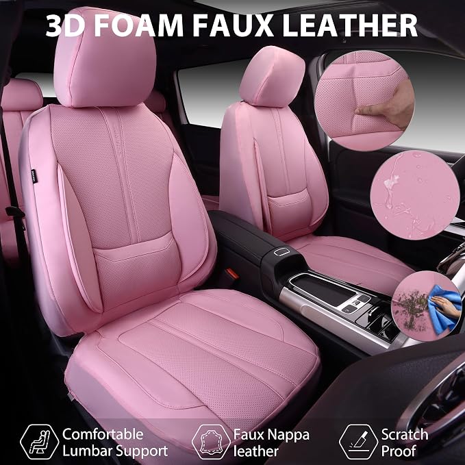 CAR PASS Pink Leather Seat Covers Full Set, Water Resistant 3D Foam Faux Leather Seat Cover, Luxury Comfort Automotive 5 Seat Covers Cute for Women Girly, Universal Fit SUV, Vans, Trucks, All Pink