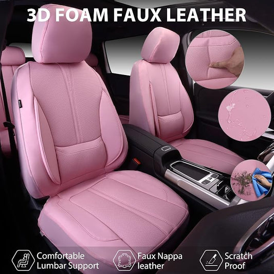 CAR PASS Pink Leather Seat Covers Full Set, Water Resistant 3D Foam Faux Leather Seat Cover, Luxury Comfort Automotive 5 Seat Covers Cute for Women Girly, Universal Fit SUV, Vans, Trucks, All Pink