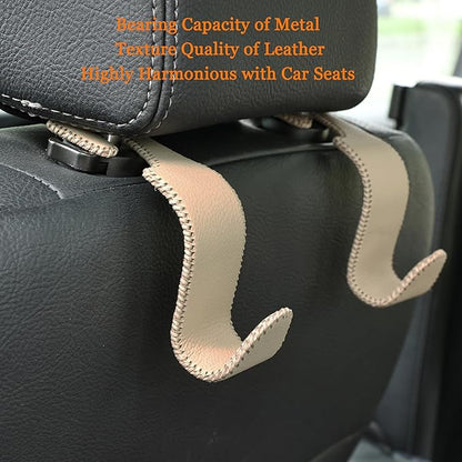 Amooca Car Seat Headrest Hook 4 Pack Metal Core Hanger Universal Car Storage Organizer for Handbag Purse Coat S Type Leather Beige