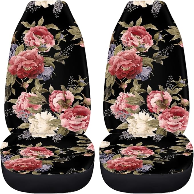 Dark Vintage Floral Print Car Seat Covers Full Set,Watercolor Flower Pattern with Peonies Vehicle Front Rear Bench Cushion Protectors Auto Interior Accessories Universal Fit for Trucks Sedans