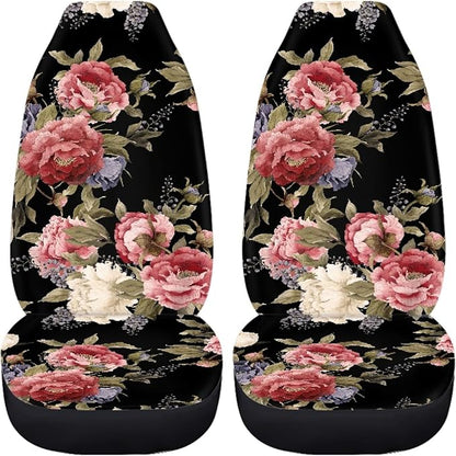 Dark Vintage Floral Print Car Seat Covers Full Set,Watercolor Flower Pattern with Peonies Vehicle Front Rear Bench Cushion Protectors Auto Interior Accessories Universal Fit for Trucks Sedans