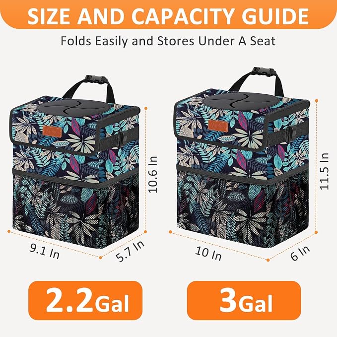 Vankor 3 Gallons Car Trash Can with Lid, Bag Bin Hanging Waterproof Automotive Car Garbage Cans Leak Proof Vehicle Trash Can for Truck SUV,Colorful Leaves