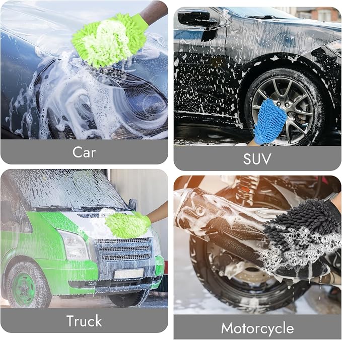 3 Pack Chenille Microfiber Car Wash Mitt, 7" x 9.6" Car Washing Mitts, Home Dusting Gloves, Scratch Free Lint-Free, Highly Absorbent, Double Sided, for Cleaning Detailing Polish (Blue,Green,Grey)