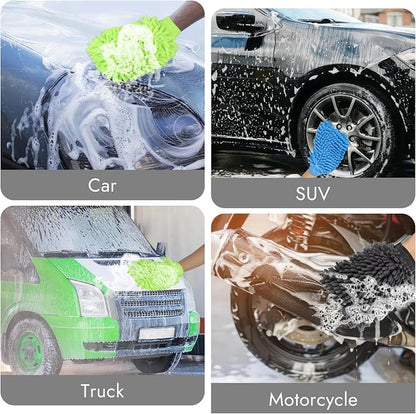 3 Pack Chenille Microfiber Car Wash Mitt, 7" x 9.6" Car Washing Mitts, Home Dusting Gloves, Scratch Free Lint-Free, Highly Absorbent, Double Sided, for Cleaning Detailing Polish (Blue,Green,Grey)