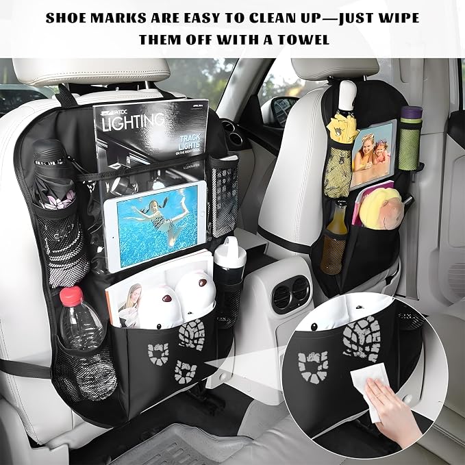 2 PCS Car Backseat Organizer, Multifunctional Seat Back Organizers with Touch Screen Tablet Holder, Waterproof Oxford Seat Back Storage Bag Kick Mats for Most Vehicles