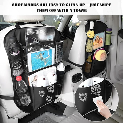 2 PCS Car Backseat Organizer, Multifunctional Seat Back Organizers with Touch Screen Tablet Holder, Waterproof Oxford Seat Back Storage Bag Kick Mats for Most Vehicles