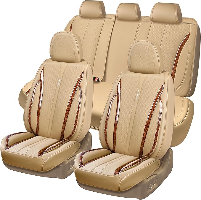 CAR PASS Beige Leather Car Seat Covers, Breathable Waterproof Nappa Automotive Seat Covers Full Set, Anti-Slip Driver Seat Cushion with Backrest Universal Fits SUV Pick-up Truck Sedan, Wood Grain
