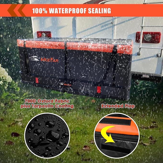 MeeFar Hitch Mount Cargo Carrier Bag Soft Shell 100% Waterproof 19.7 Cubic Feet (59" 24" 24") Include 8 Reinforced Straps for Truck Pickup All Vehicle with Steel Cargo Basket