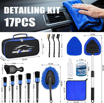Windshield Cleaner Tool, 17Pcs Car Interior Detailing Kit, Detailing Brush, Towels, Duster, Car Cleaning Kit Interior for RVs, Truck, Trailer (Blue)