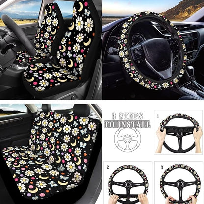 Daisy 10 Pcs Car Seat Covers Full Set, Crescent Moon Breathable Front Rear Seat Cover Steering Wheel Protector for Car Truck SUV, Countryside Flower Butterfly Universal Fit