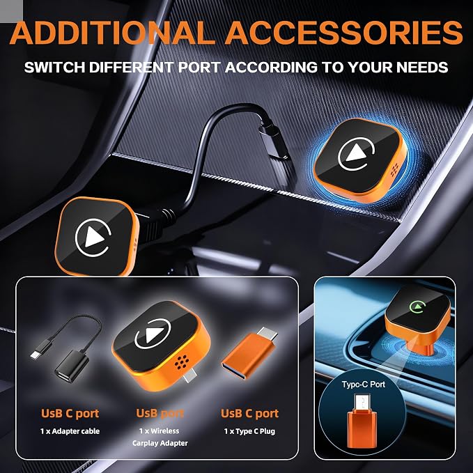 2026 Wireless CarPlay Adapter for iPhone,2 in 1 for Apple Carplay and Android Auto Adapter,Mini carplay Wireless Adapter Convert Wired to Wireless, Plug & Play, USB to USB-C/Type-C (Orange)