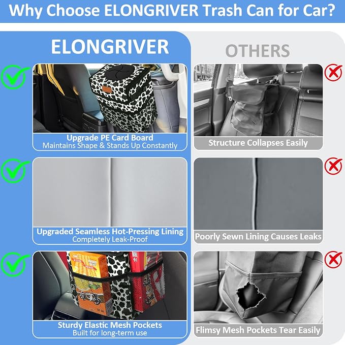 ELONGRIVER Car Trash Can Bin for Back Seat Leak Proof, Cute Car Trash Bag Hanging, Vehicle Trash Can for SUV Truck Van, Automotive Garbage Cans Front Seat Cow Print