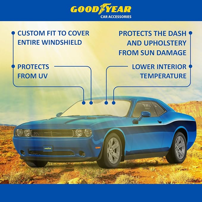 Goodyear Foldable Windshield Sunshade for Dodge Challenger 2008-2023, SUV car Accessories, Sunshade Cover, Sun Shade Car Windshield, Window Sun Blocker - GY008291