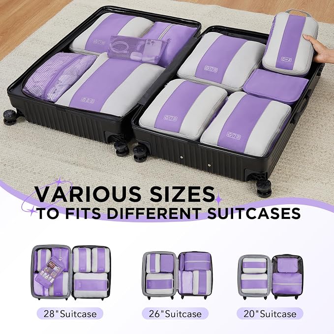 OlarHike 10-Pack Compression Packing Cubes for Travel Essentials,Compressible Expandable Packing Cubes for Suitcase,Luggage Garment Bags for Travel,Handy Helper for Organizing Clothes(Light Purple)