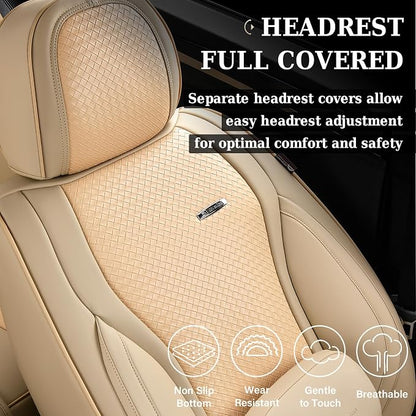 Coverado Seat Covers, Car Seat Covers Front Seats, Waterproof Nappa Leather Auto Seat Cover with Lumbar Head Pillow, Beige Seat Covers Carseat Cover Universal Fit for Most Cars