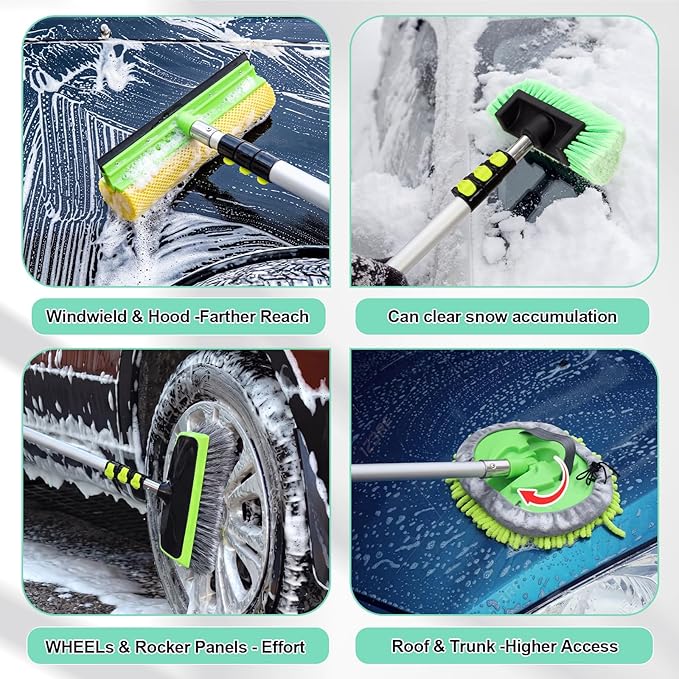 BBTO 12ft Car & RV Wash Brush Kit with Long Extendable Handle RV Car Truck Wash Kit with Hardness Brush Adjustable Chenille Mop Sponge Squeegee Tire Brushes Micro Fiber Towels Chenille Mitt for SUV