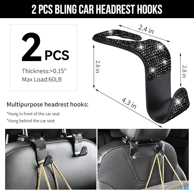 CAR PASS 23 PCS Bling Diamond Car Accessories Set for Women, Leather Seat Covers Full Set Floor Mats Steering Wheel Cover, Coasters Seat Belt Covers Phone Holder Universal Fit Car SUV Truck Van Black