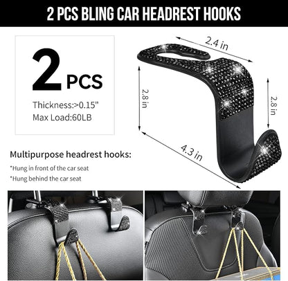 CAR PASS 23 PCS Bling Diamond Car Accessories Set for Women, Leather Seat Covers Full Set Floor Mats Steering Wheel Cover, Coasters Seat Belt Covers Phone Holder Universal Fit Car SUV Truck Van Black