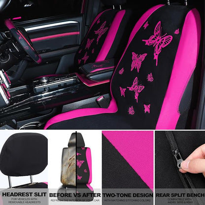BBTO 43 Pcs Butterfly Car Seat Full Set Butterfly Car Accessories for Women 5 Front Rear Seat Covers Wrist Strap 2 Pcs Cup Mat Armrest Pad 2 Belt Xmas Cover Accessories for SUV(Rose, Black)