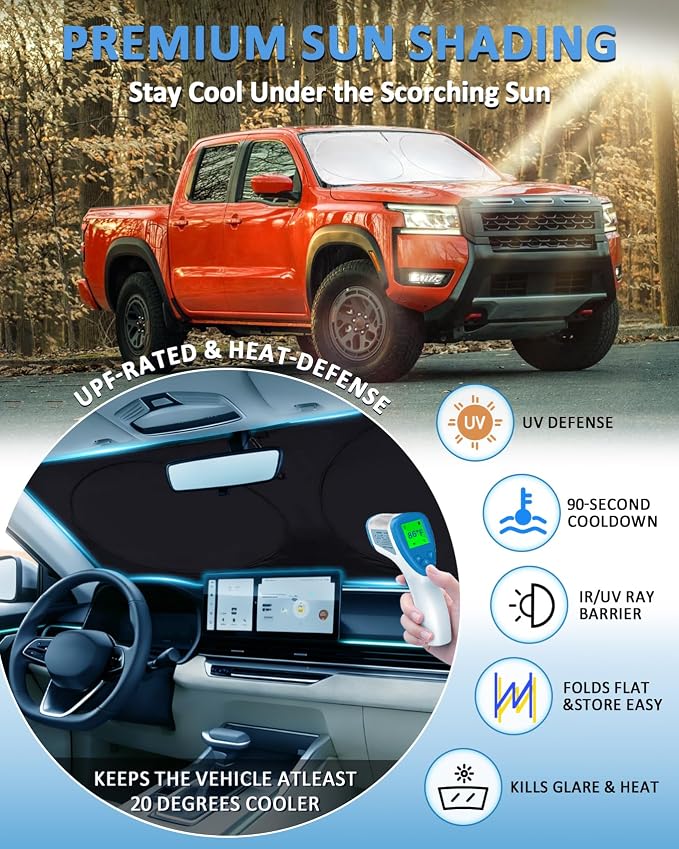 Sun Shade for Frontier Windshield Sunshade Custom fit Nissan Frontier 2022 2023 2024 2025 Accessories, Foldable Front Window Cover UV Bloker Sun Visor Protector