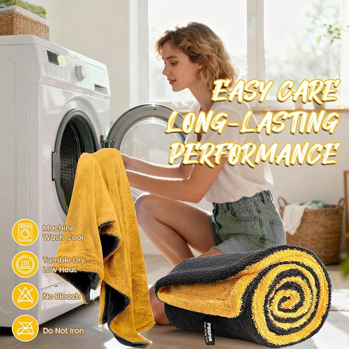 PUGPIU Car Drying Towel - 1400GSM Extra Large Super Absorbent Microfiber Towels for Cars 24"x36" - Large Edgeless with Twisted Loop, Lint-Free & Streak-Free for Auto Detailing, SUV, Truck (Yellow)