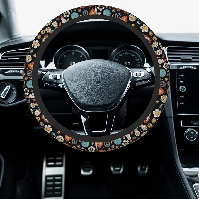 Car Steering Wheel Cover, 14.5"-15" Inch Universal Anti-Slip DurableSteering Wheel Protective Cover, Breathable Auto Interior Decoration Accessories for Sedan SUV Truck (Groovy Hippie)