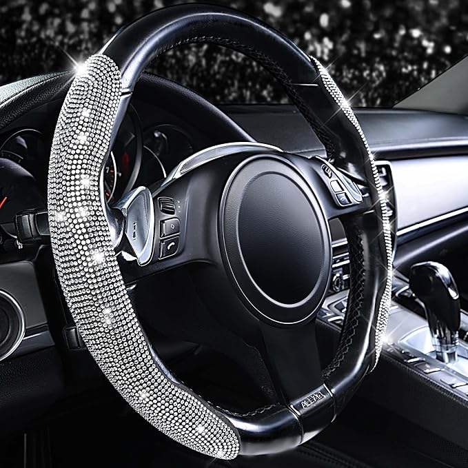 CAR PASS Bling Diamond Segmented Steering Wheel Cover with Crystal Rhinestones, 2PCS Wheel Protector Non-Slip Cute Car Accessories Universal Fit D-Shape O-Shape 14.5" to 16" for Women, Silver Diamond