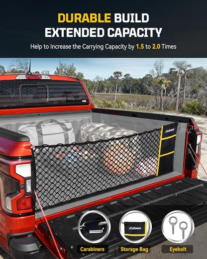 AUTOWN Truck Bed Cargo Net, Envelope Style Bed Netting for 2015+ Ford F150 & 2017+ F250/F350/F450, Pickup Truck Bed Organizer with 5mm Bungee & Integrated Storage Bag & Eyebolts & Carabiners