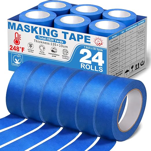Aheroi Painters Masking Tape, 24 Rolls Blue Painting Tape Bulk 120℃ Automotive Masking Tape (1320yd=24 * 1in*55yd), Multi-Purpose Painter's Tape for Walls Labeling Arts DIY, No Residue Easy Removal