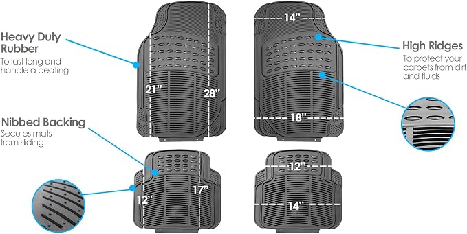 FH Group Automotive Floor Mats Universal Fit Heavy Duty Rubber for All Weather Protection Fits Most Cars, SUVs, and Trucks, 4 Piece (Full Set Trimmable) Gray